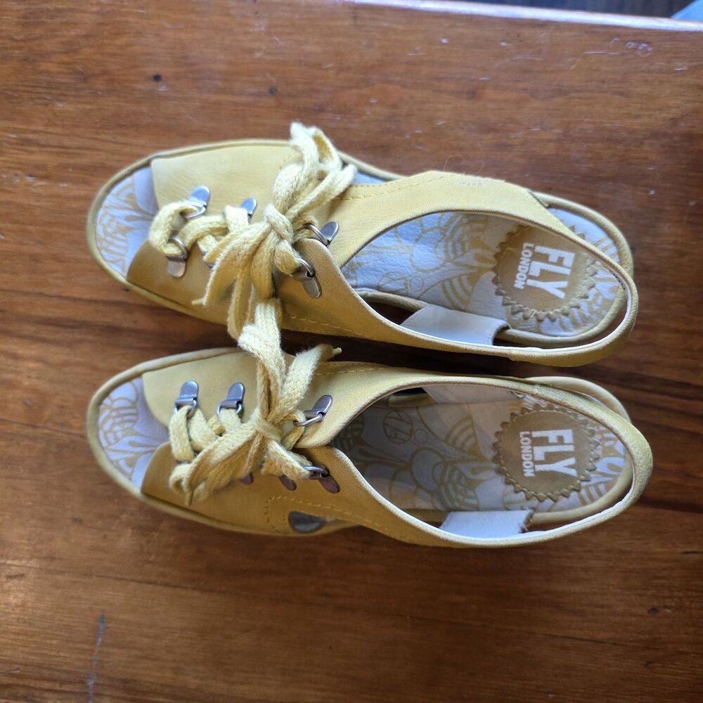 FLY London Women's 38 Ylfa Lace Up Wedge Yellow Sandals Made In Portugal - Picture 9 of 9
